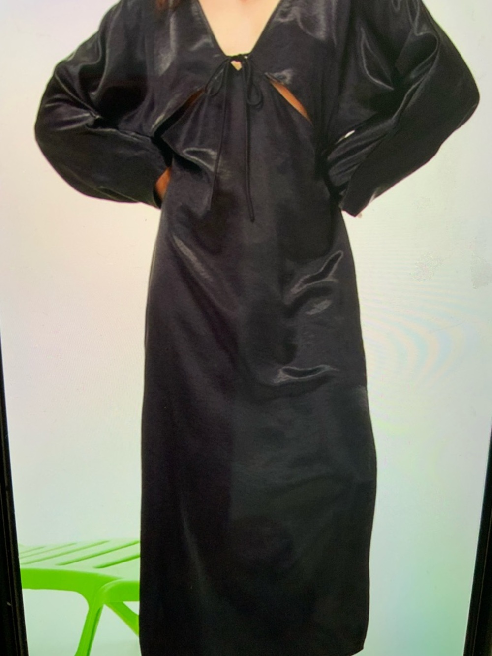 H&M Black Satin Midi Dress with Front Tie Cutouts Back Open MEDIUM